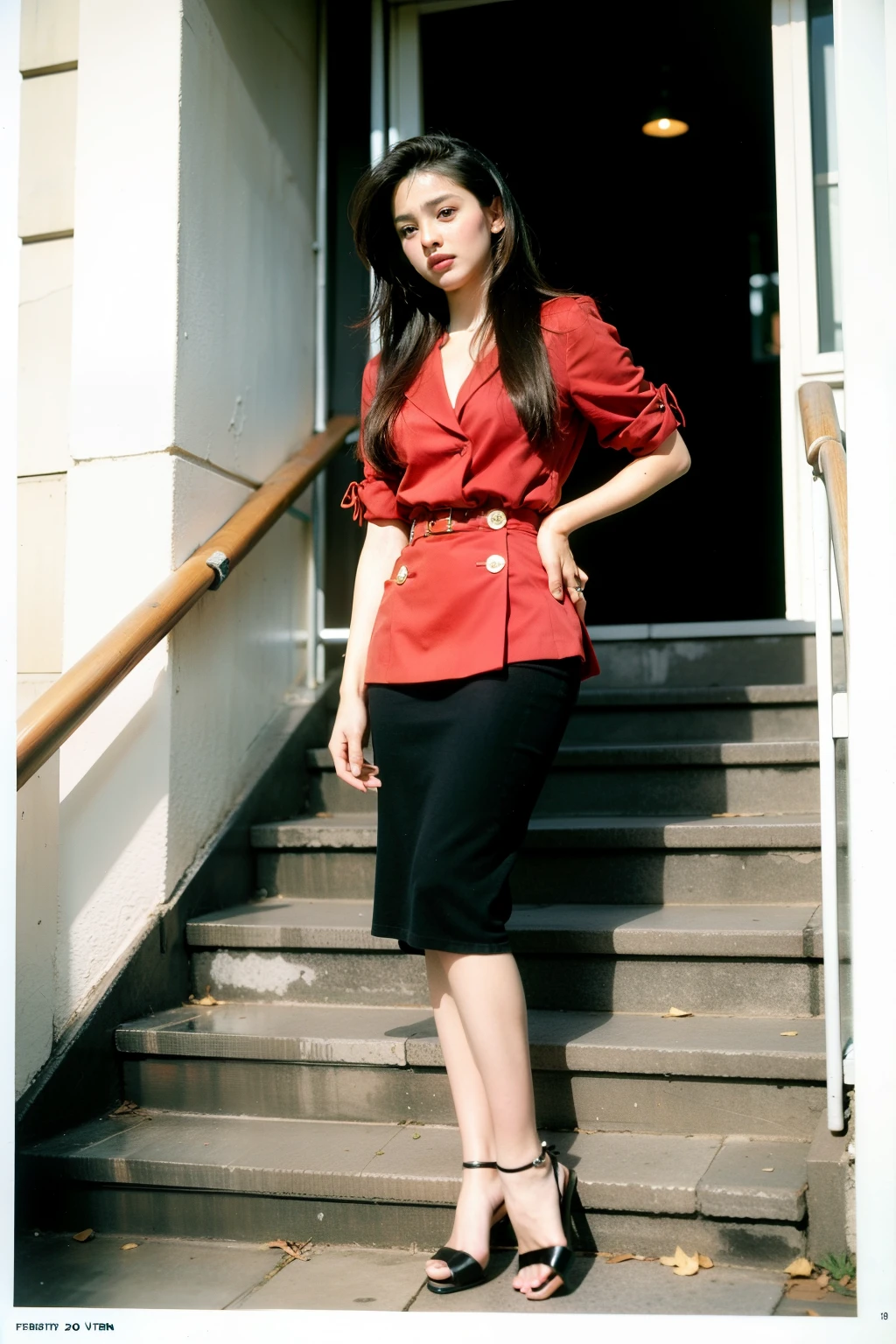 ((Best quality at best)), ((tmasterpiece)), (Detailed pubic hair), s the perfect face，there  a woman that  standing on some stairs, Around 19 years old, Taken in the early 90s of the 20th century, 90's color photo, scanned, Taken in the mid-2000s, Taken in the late 1980s, photo 1 9 9 0 s, foto antiga, About 23 years old
