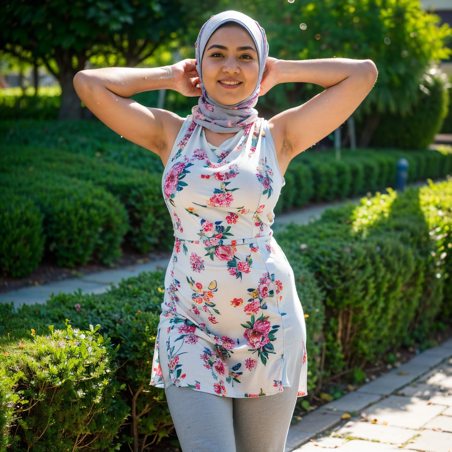 RAW, Best quality, high resolution, Masterpiece: 1.3, ((Beautiful Malay woman in hijab)), Masterpiece, Perfect chubby but fit body, ((Big breast, beautiful big eyes, watery eyes, Soft smile, wet lips, bad face, (wearing sleeveless long dress baju kurung with large floral motifs), (long legging), ((showing armpits)), hands behind the head, smiling, windy, skin details, skin texture details, thick thighorning time, happy, bright sunlight, flower garden path, blurred background, bokeh