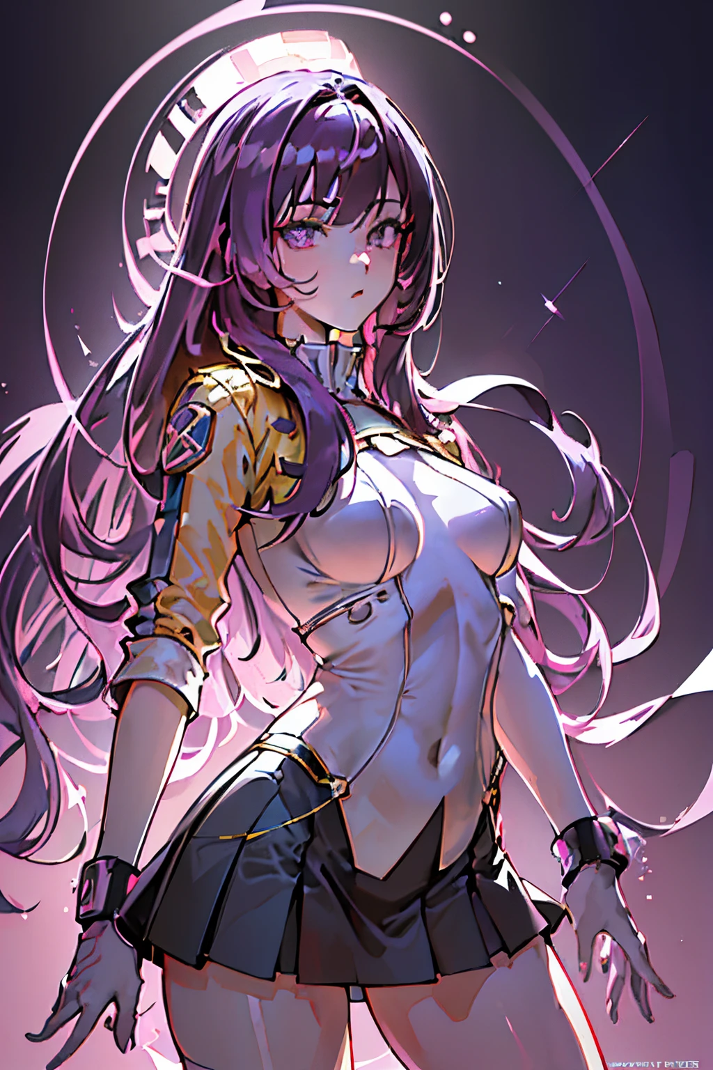 Anime, Girl, (((1girl))), Techwear, (((Vibrant Purple Hair, Long Hair))), ((Vibrant Light Purple Eyes eyes:1.3, Upturned Eyes: 1, Perfect Eyes, Beautiful Detailed Eyes, Gradient eyes: 1, Finely Detailed Beautiful Eyes: 1, Symmetrical Eyes: 1, Big Highlight On Eyes: 1.2)), ((Fat)), (((Lustrous Skin: 1.5, Bright Skin: 1.5, Skin Fair, Shiny Skin, Very Shiny Skin, Shiny Body, Plastic Glitter Skin, Exaggerated Shiny Skin, Illuminated Skin))), (Detailed Body, (Detailed Face)), Young, Idol Pose, (Best Quality), Cyberpunk Jacket, Loose T-Shirt, Loose Skirt, Stockings, Modest Clothing, Skin Covered, Cute Disposition, High Resolution, Sharp Focus, Ultra Detailed, Extremely Detailed, Extremely High Quality Artwork, (Realistic, Photorealistic: 1.37), 8k_Wallpaper, (Extremely Detailed CG 8k), (Very Fine 8K CG), ((Hyper Super Ultra Detailed Perfect Piece)), (((Flawlessmasterpiece))), Illustration, Vibrant Colors, (Intricate), High Contrast, Selective Lighting, Double Exposure, HDR (High Dynamic Range), Post-processing, Background Blur