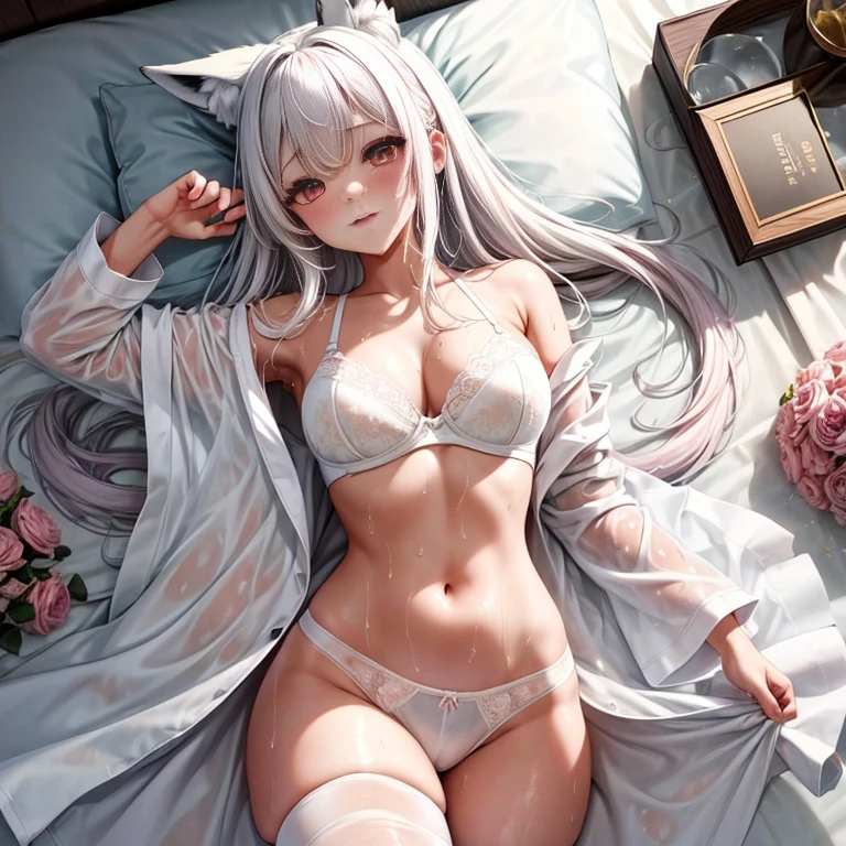 masterpiece、top-quality、1girl in。(bathrobe:1.2), white hair,Red Eyes,(mare:0.8), (Fantastical:0.7), (A smile:0.8),fox ear,salon,wear bra, wear dress , wet clothes,wet hanging,salon, perfect body, perfect breast,((blush on: 1.2)),((fox-tails:1)), perfect big fox-tails, crop top, white legwear,hair bobbles, tights, recumbent on the bed, hot, top view, girl below, looking up, Wear dress, white suit,((wet:1.3)), neckline, navel, t-shirt, ((bra)), clothes lift