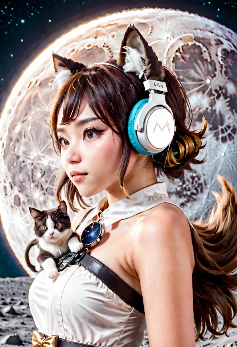 Two beautiful Asian furry girls with cat ear headphones love on the surface of the moon with earth in the sky