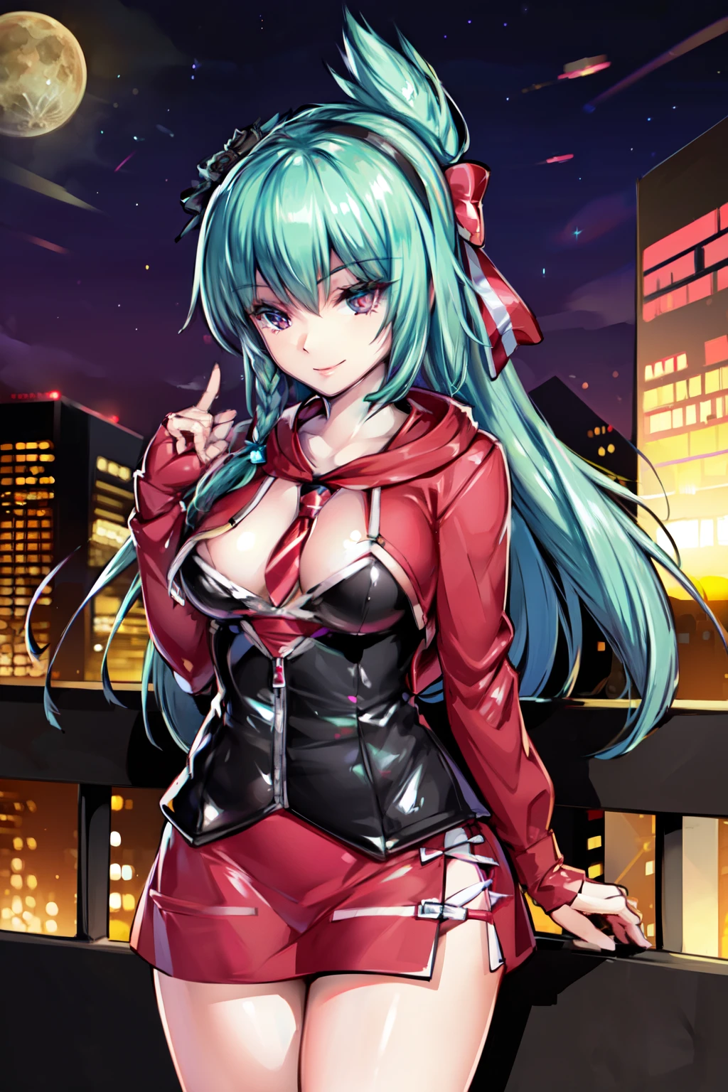 1 girl, Long aqua hair and high ponytail, black eyes with slit pupils, small breasts, side braid, hair bow, hair ribbon, black hairband master-piece, best quality,  proportional body, proportional,  Wear a short black hoodie hood, Check plaid skirt, deep in the night, Moon Night, The rooftop of a building overlooking the city, Night sky with the moon shining, photon mapping, Radio City, shinny skin, sexy facial expression, Make eye contact with the camera, (light_Smile:1.5), (Detailed hands and fingers:1.2)