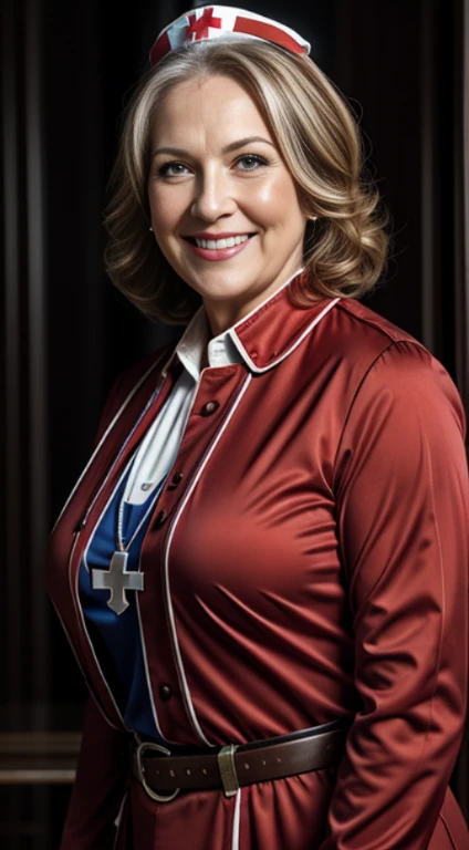 ((cinematic look)), Best quality, Masterpice, highres, 90 Years Old Woman, ((nurse)), ((USSBBW)), wrinkles, Smiling, HD, distance frame, gigantic breast, red uniform, long sleeve, cowboy shot from side