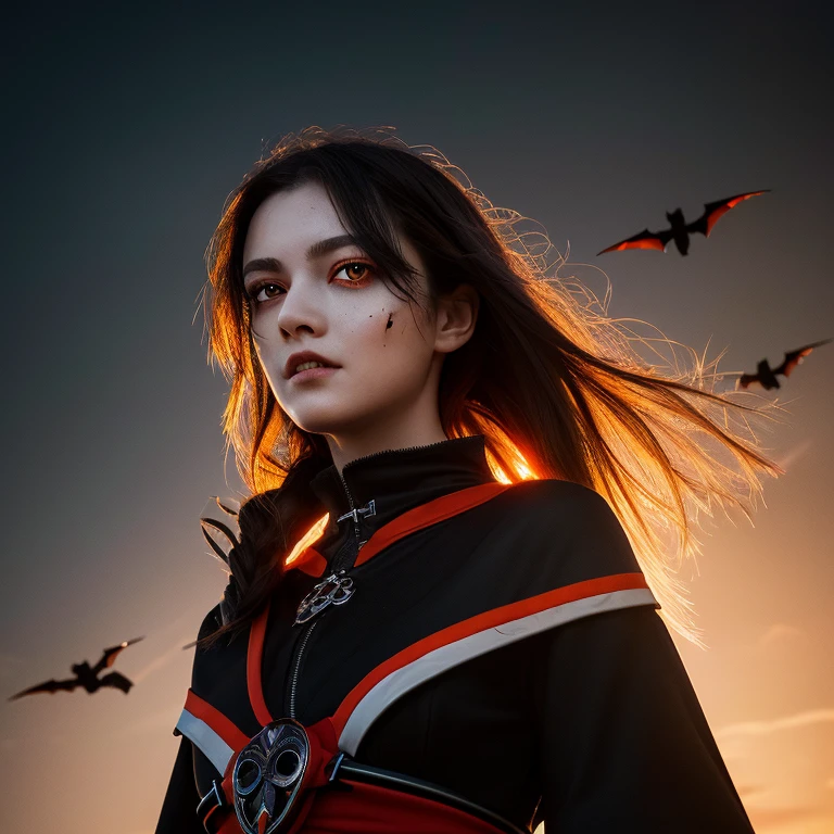 (SFW), Complicated details, 1个Giant Breast Girl, the night, (Bright neon colorlying over the future cyberpunk city)), detailedbackground, (petite robot girl, ((Cute perfect face, Bright red eyes)), (perfect anatomia, Petite and lively), (Ridiculously Long Orange and White Ombre Hair, Hair Fluttering in the Wind)), Detailed ribbed impossible jumpsuit, Shoulder blades, cybernetic limb, dynamic angle, 中景 the scene , full bodyesbian, perfect bodies, Show her sharp canine teeth and sharp focus, woman focus illustration), 8K分辨率, Complicated details, Best quality at best, ultra - detailed, best illuminate, The best shadow, hyper HD, Break the Necromancer, the night, Aura of dark magic, Dark style, Vampires, Bat wings, (( A lot of bats flew around, Foggy sections, blood splattered on the ground, Blood Moon, Red sky, Dark theme)), (Shining red eyes:1.6),(body、There are blood stains on the face and eyes:1.2)Break masterpieces, tall_resource, pretty face, dingdall effect, photograph realistic, (highdetailskin:1.2), 8k ultra high definition, SLR camera, high qulity, photore, A high resolution,(The very detailed), 8K, bokeh, BREAKMedium, absurd res, Ponytail Contortion, High ponytail,The optimal ratio of four fingers and one thumb, (Gothic style castle background) , mature,Tall figure, Gothic dresses, A crow sat on her shoulder,dark castle,a gorgeous,sinicization,Bar lighting