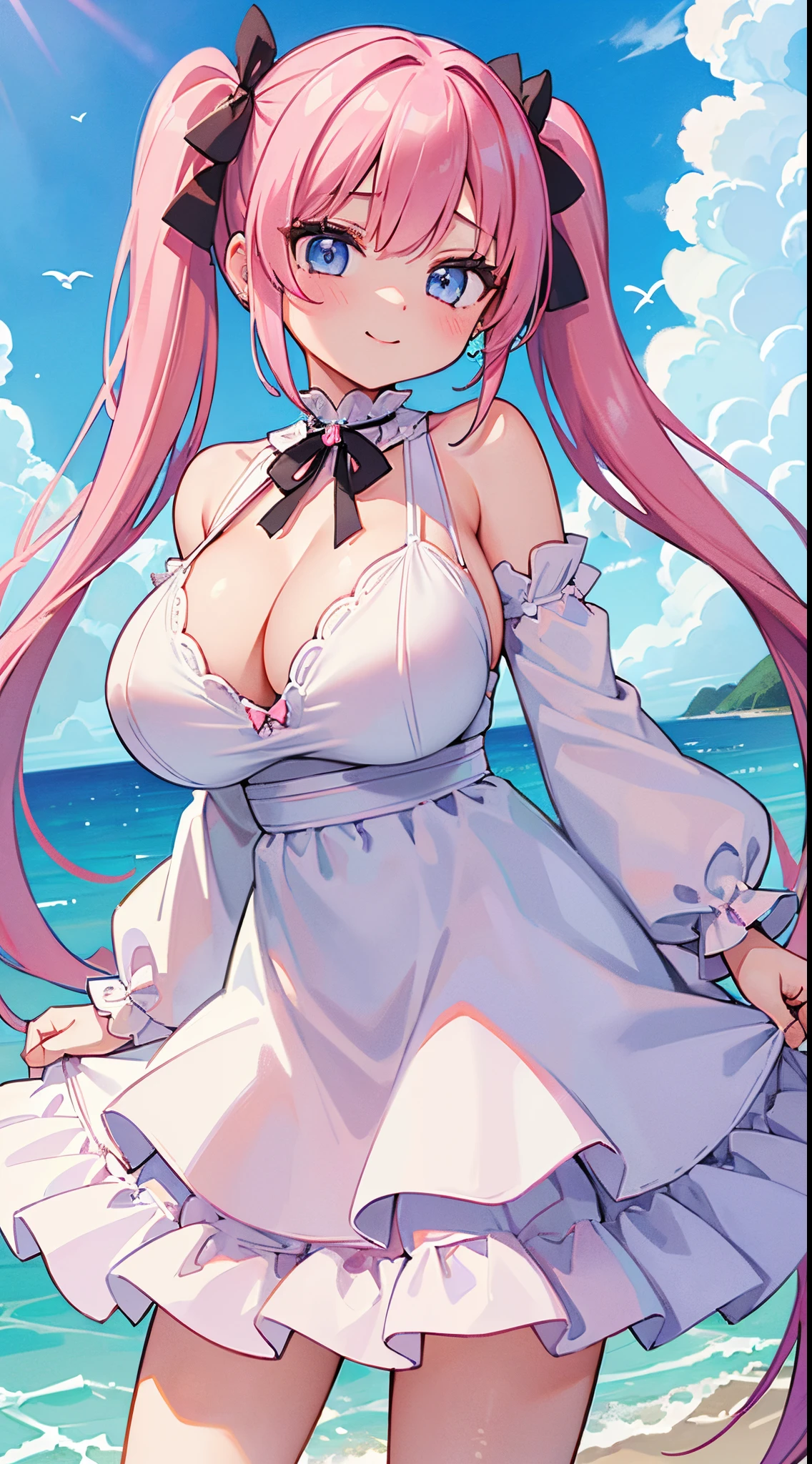 (​masterpiece、top-quality、ultra-detailliert)、((1 girl))、((Pink hair twin tails))、light blue  eyes、evilsmile、piercings、((very Bigger breasts))、White dress、long  skirt、cowboy  shot、blue open sky、seaside backgroud