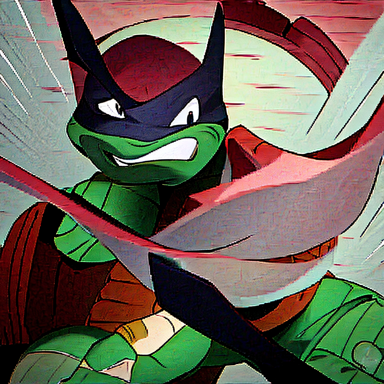 ninja turtle with red bandana on eyes with cartoon graphics and manga style black and white tone