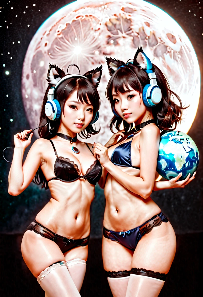 Two beautiful Asian furry girls with cat ear headphones and lingeriemaking love on the surface of the moon with the  earth globe a crescent in the sky