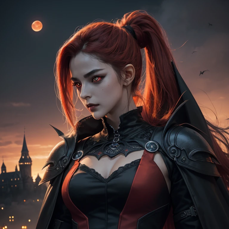 (SFW), Complicated details, 1个Giant Breast Girl, the night, (Bright neon colorlying over the future cyberpunk city)), detailedbackground, (petite robot girl, ((Cute perfect face, Bright red eyes)), (perfect anatomia, Petite and lively), (Ridiculously Long Orange and White Ombre Hair, Hair Fluttering in the Wind)), Detailed ribbed impossible jumpsuit, Shoulder blades, cybernetic limb, dynamic angle, 中景 the scene , full bodyesbian, perfect bodies, Show her sharp canine teeth and sharp focus, woman focus illustration), 8K分辨率, Complicated details, Best quality at best, ultra - detailed, best illuminate, The best shadow, hyper HD, Break the Necromancer, the night, Aura of dark magic, Dark style, Vampires, Bat wings, (( A lot of bats flew around, Foggy sections, blood splattered on the ground, Blood Moon, Red sky, Dark theme)), (Shining red eyes:1.6),(body、There are blood stains on the face and eyes:1.2)Break masterpieces, tall_resource, pretty face, dingdall effect, photograph realistic, (highdetailskin:1.2), 8k ultra high definition, SLR camera, high qulity, photore, A high resolution,(The very detailed), 8K, bokeh, BREAKMedium, absurd res, Ponytail Contortion, High ponytail,The optimal ratio of four fingers and one thumb, (Gothic style castle background) , mature,Tall figure, Gothic dresses, A crow sat on her shoulder,dark castle,a gorgeous,sinicization,Bar lighting