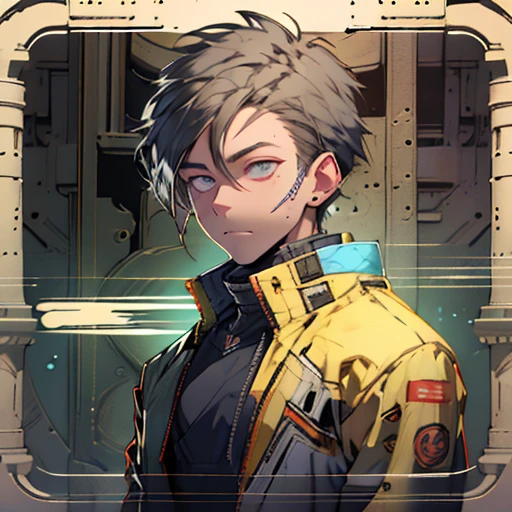 Boy's cyberpunk mechanical avatar front-facing, Chinese style, cold, big eyes and wearing a hat