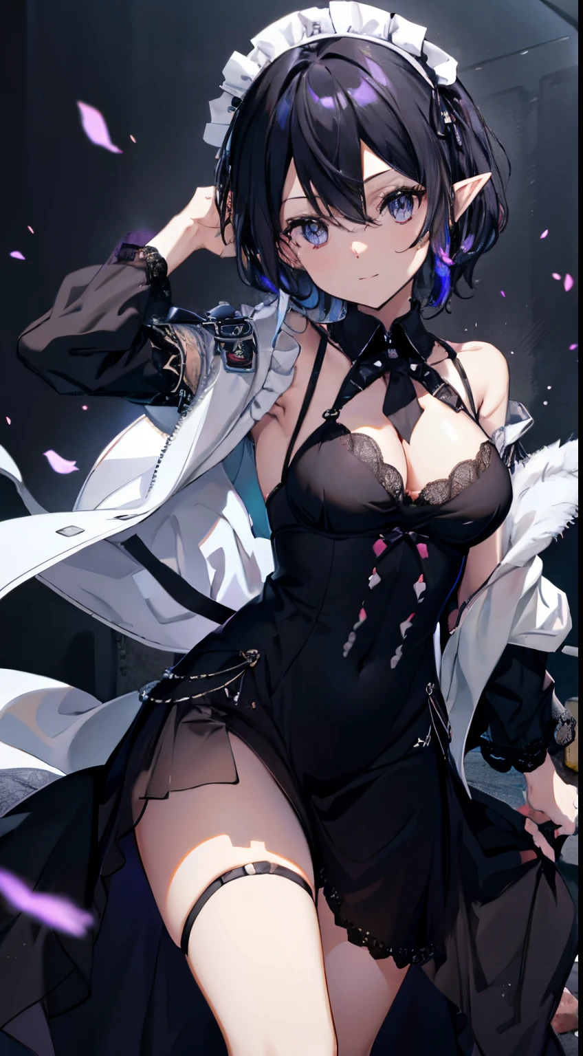 {tmasterpiece}}，Best quality，Very detailed CG-8k wallpaper，电影灯光，lens flare glow，Beautiful colored eyes，The kinky  exposed，black lace bras，Colorful light，Particulate matter，heterochromatic，（One color：1.5）， （black color hair：1.5），Sexual turn，purple eye chest，Black maid string tore elf#39;nature，ragged company，Wearing patterned black，wrapped in a blurry white body，Use your arms as support，Legs are very thin and long，texture deliose hair