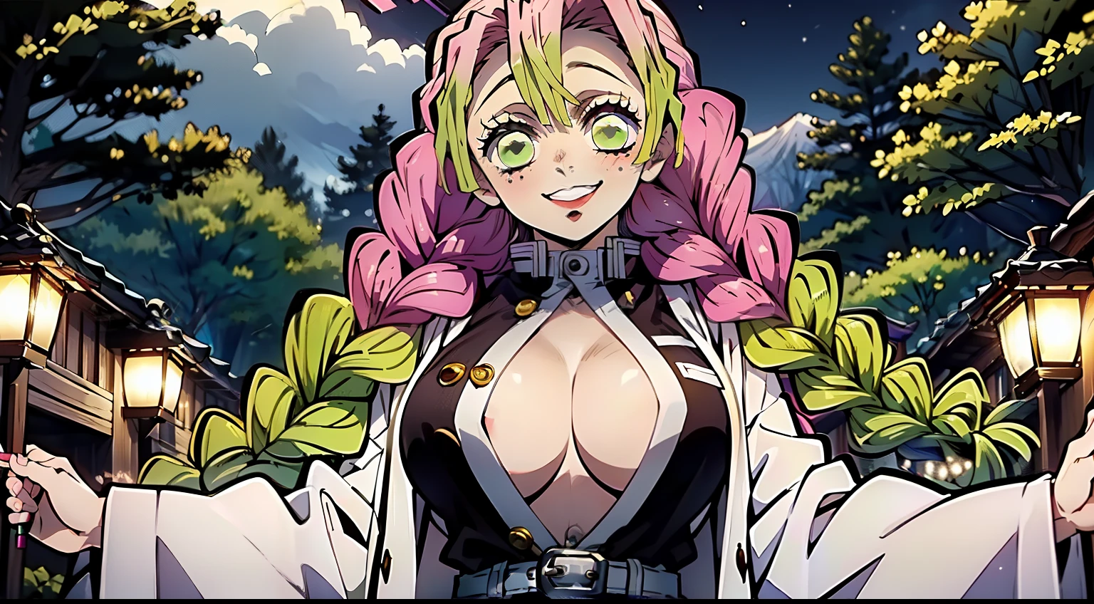 Looks into the frame, Night Forest, the night, holding Japanese balls on a stick in his hand, eats Japanese sweets, Smiling, having fun, laughting, facing the viewer, Very sexy ass, Romantic, Feminine, Super detailed: 1.5), perfect lighting, glittering, Nature, At a distance, body complet, facial focus, a 1girl, ssmile, Smiling, Mitsuri (Demon Slayer), handsome girl, Night Forest, beatiful face (Mitsuri (Demon Slayer), White Haori, black skirt with silver belt and green striped hips, bright pink hair (green at the tips), rose hair (Dark pink), Green Hair Ends, Gradient hair, multi-colored hair, hairlong, quiff, twin braids, green colored eyes, Demon Slayer Uniform, Long sleeve jacket, White Haori, blackskirt, Silver Belt, green striped thighs, blusher, realisti, pectoral muscles,, wide thighs, (Thick rods: 0,9), décolleté, gaze at the viewer, (beste-Qualit), tmasterpiece,