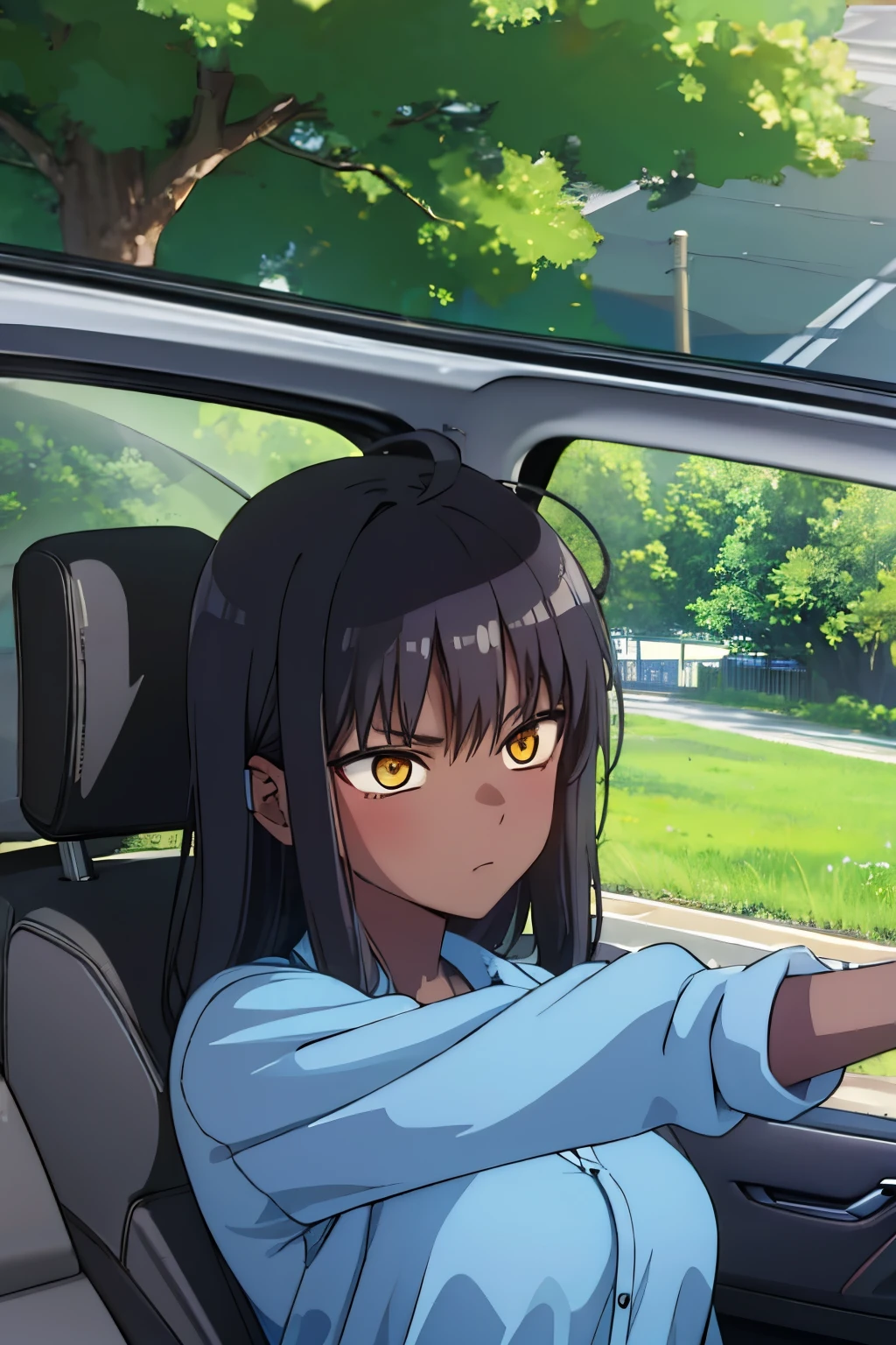 karin driving a car, windshield, serious, roads, trees