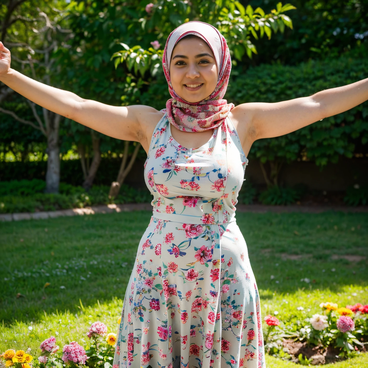 RAW, Best quality, high resolution, Masterpiece: 1.3, ((Beautiful Malay woman in hijab)), Masterpiece, half body shot, Perfect chubby but fit body, ((Big breast, beautiful big eyes, watery eyes, Soft smile, wet lips, bad face, (wearing sleeveless long dress baju kurung with large floral motifs), (long legging), ((showing armpits)), hands behind the head, smiling, windy, skin details, skin texture details, thick thighorning time, happy, bright sunlight, flower garden path, blurred background, bokeh