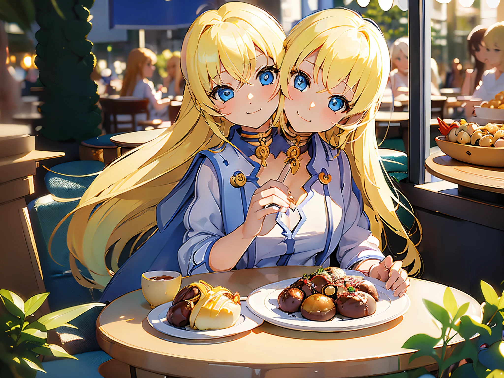 (masterpiece, best quality), best resolution, (2heads:1.5), 1girl, blond hair, blue eyes, happy, eating takoyaki, colette brunel , sitting at a table, outside a convention center, food stands nearby