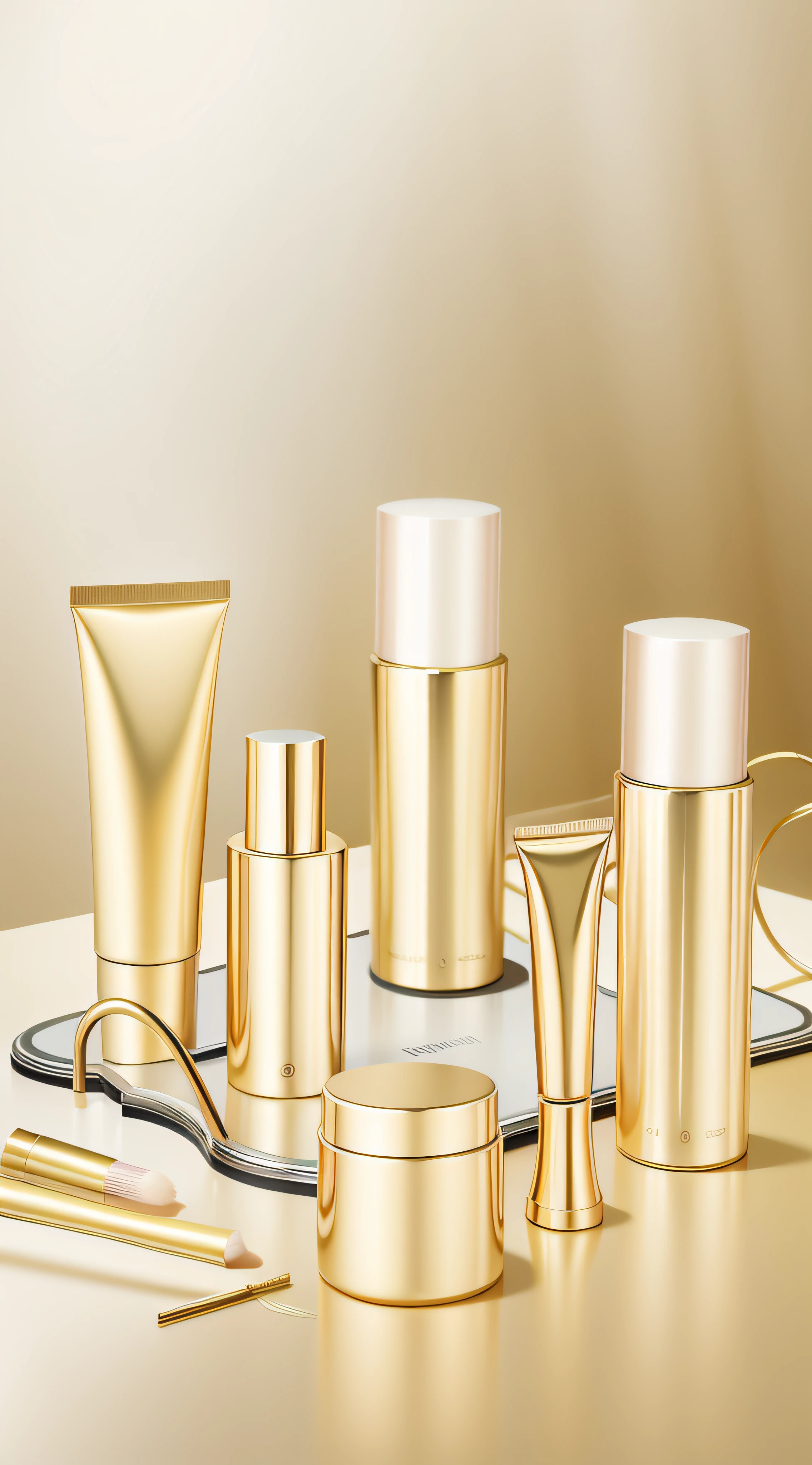 There are many different types of cosmetics on the table, Golden tones appear naturally, smooth golden skin, Perfect skin tone, skin care, Collectibles, cosmetics, amazing quality, gilded with gold, skin care, artistic décor, Glossy design, exclusive, dramatic product lighting, soybean, golden colored, exquisite detailing, Stylish design, exquisitedetails, High quality products