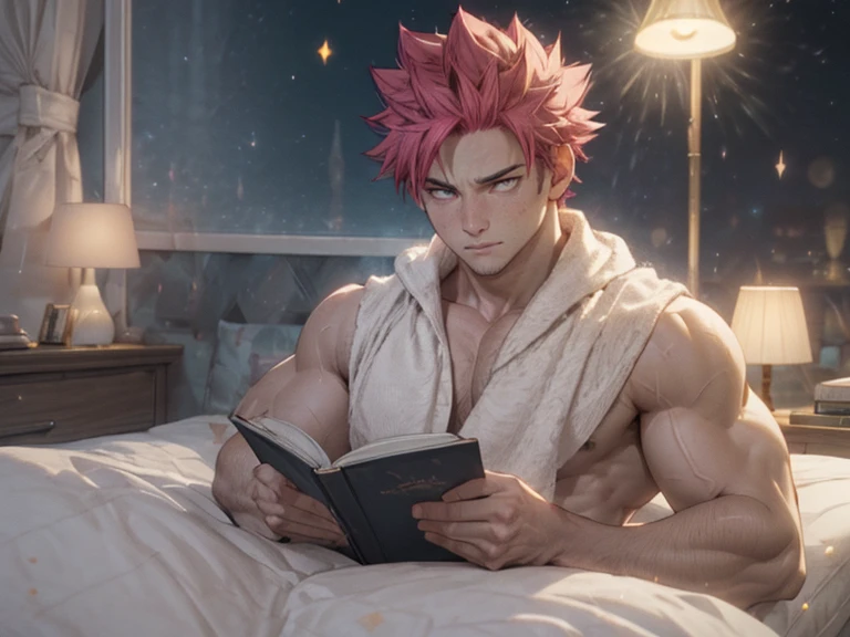 1boy age 25 (muscular,wide shoulders, slim waist) body muscular shoulders, Natsu Dragneel sitting in blanket reading a book on bed, muscular body and shoulders. wearing pyjamas, bedroom scene, lamp light, night time, window shows cityscape, (masterpiece, cg, 3d cg, detailed, blanket:1.2) (handsome face:1.1) ((Natsu Dragneel)) (detailed:1.5) (particle effects:1.5) (calm expression, looking at book), (fresh look:1.1)