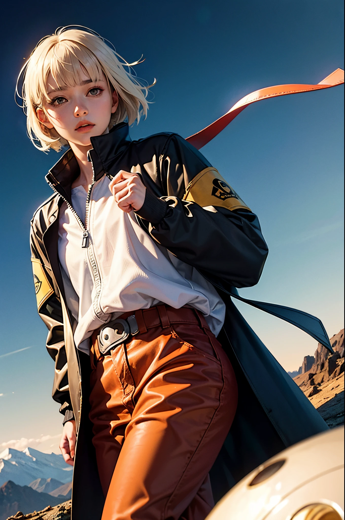 (masterpiece), (best quality), realistic, cinematic light, Hinata from Naruto, cool pose, battlefield background, perfect body, white eyes, white bobcut hair