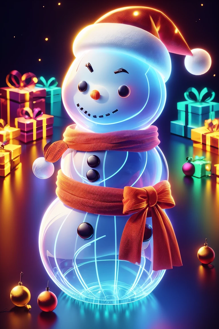 ((1 transparent glowing snowman wearing a Santa hat)),Colorful transparent luminous plastic,Christmas decorations,Product design,luminous neon lights,Christmas background