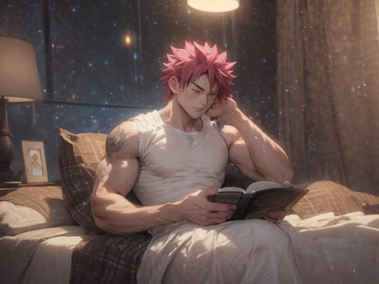 1boy age 25 (muscular,wide shoulders, slim waist) body muscular shoulders, Natsu Dragneel sitting in blanket reading a book on bed, muscular body and shoulders. wearing pyjamas, bedroom scene, lamp light, night time, window shows cityscape, (masterpiece, cg, 3d cg, detailed, blanket:1.2) (handsome face:1.1) ((Natsu Dragneel)) (detailed:1.5) (particle effects:1.5) (calm expression, looking at book), (fresh look:1.1)