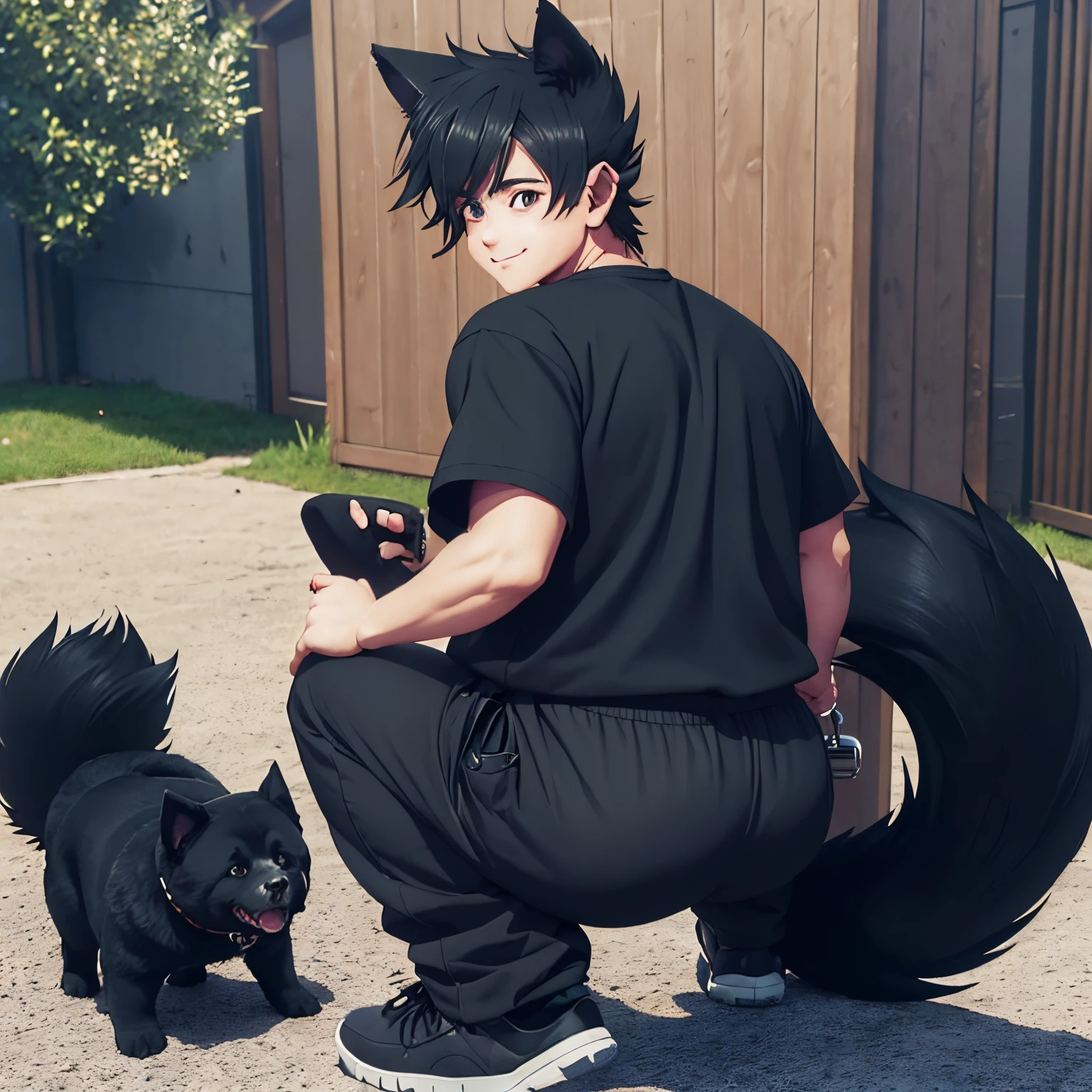 A short male Femboy  depicted in this image, he has a plump ass and thick thighs. The character  wearing baggy pants and a black shirt. The character is facing the camera. The character has dog ears and a fluffy tail. The character looks happy as he  being pet by a figure outside the frame.