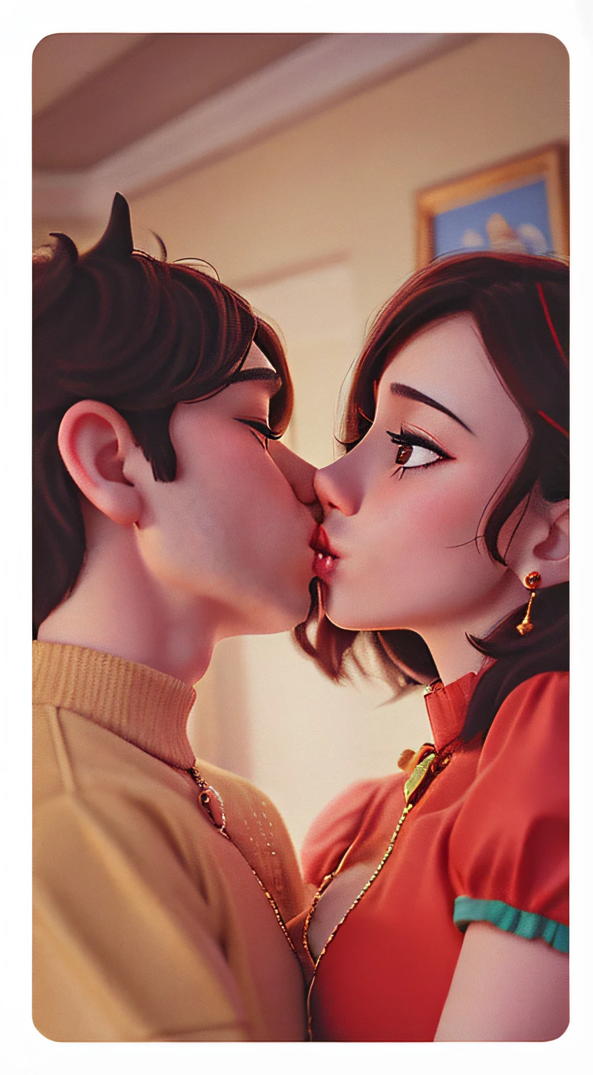 there are two people that are kissing each other in the room, kissing together cutely, kissing together, kisses are wordless spells, kissing, lovely kiss, couple kissing, they are in love, kiss mouth to mouth, kissing each other, kiss, very very low quality picture, ((oversaturated)), ❤🔥🍄🌪, 35 mm photo