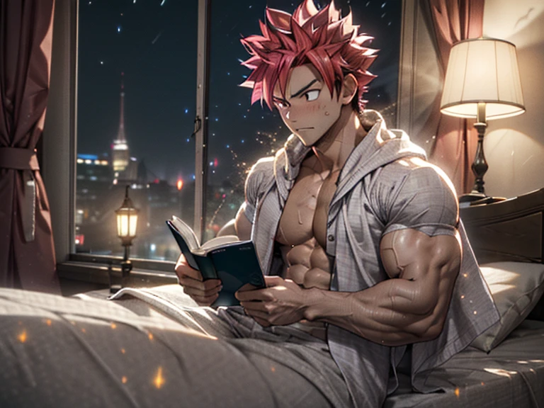1boy age 25 (muscular,wide shoulders, slim waist) body muscular shoulders, Natsu Dragneel sitting in blanket reading a book on bed, muscular body and shoulders. wearing pyjamas, bedroom scene, lamp light, night time, window shows cityscape, (masterpiece, cg, 3d cg, detailed, blanket:1.2) (handsome face:1.1) ((Natsu Dragneel)) (detailed:1.5) (particle effects:1.5) (calm expression, looking at book), (fresh look:1.1)