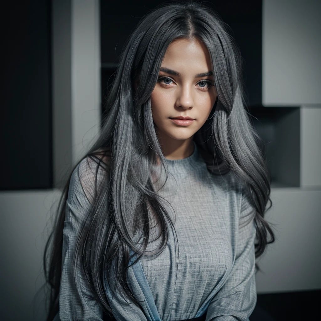 woman with long gray hair and black , , so photo of a beautiful woman, high quality portrait, beautiful girl model, single person only, blue dress in p gameing pc