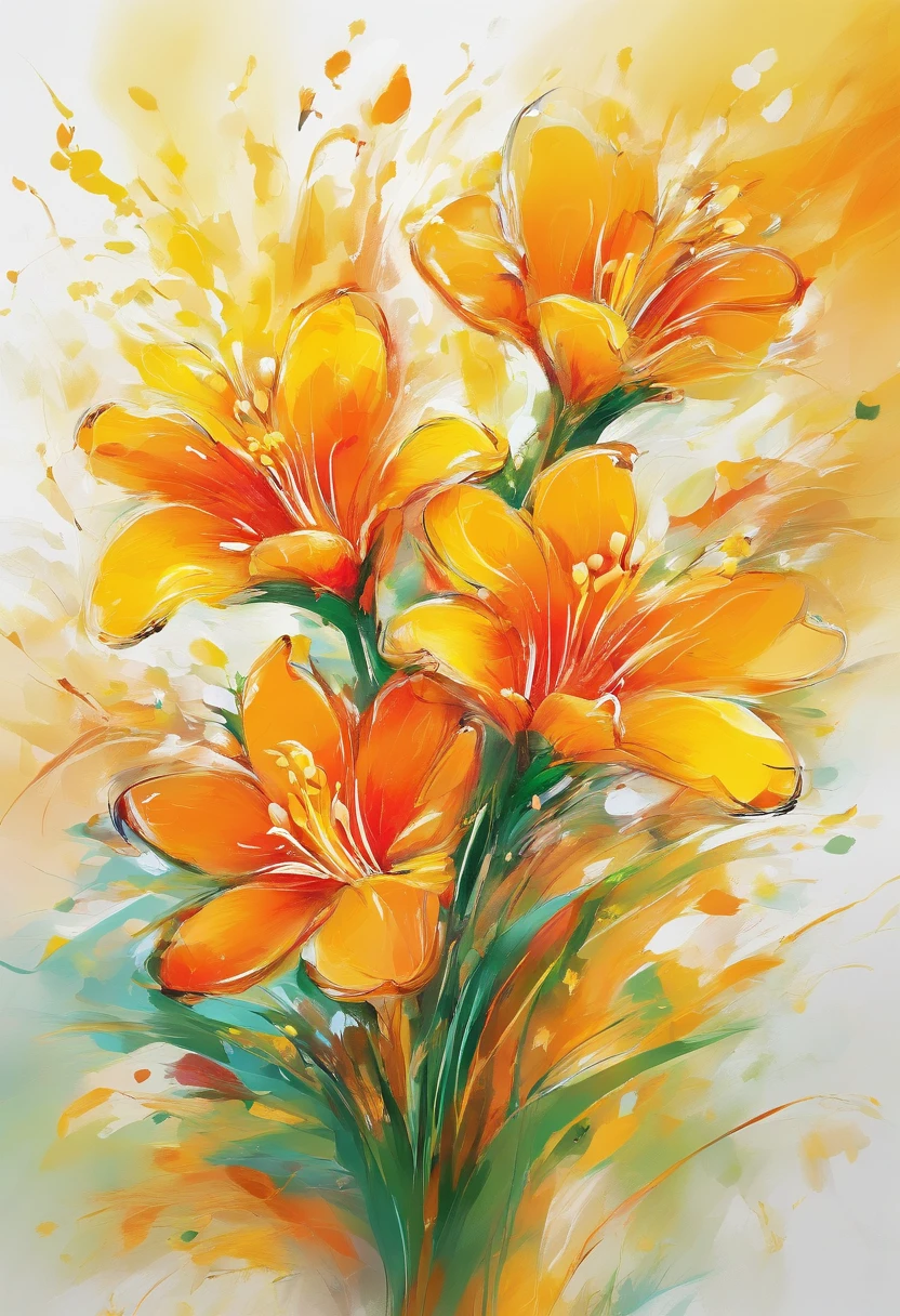 Draw an abstract painting of a single flower.,bright yellow freesia flowers、use acrylic paint、Abstract artist known for his unique use of acrylic pouring, real brush strokes,aesthetic composition,Minimal style, Active and energetic strokes、a shape that suggests hope、Bright yellow freesia symbolizes positive energy.、express a sense of expectation、The main color of the work is bright and calm orange.........、Add moist compacted sand、Enhances the texture and tactile elements of your artwork, While staring at this image, oot、Interaction of color and texture、soak in anticipation、guided by expectations