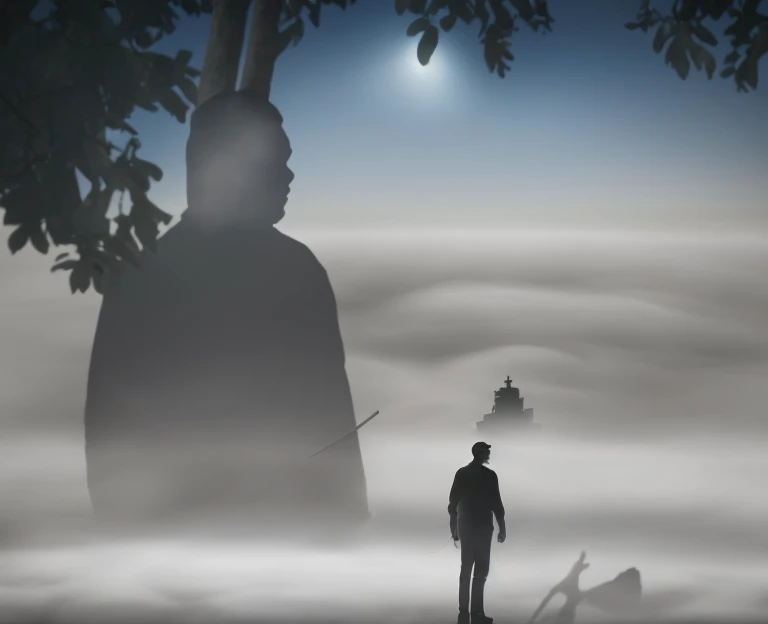 There is a man standing in the fog under a tree., Caminando por encima de las nubes y la niebla, Vagabundo sobre el mar de niebla, en las nubes, niebla que se eleva desde la cabeza, Figura amortajada, emergiendo de la niebla, entre las nubes, De pie sobre una nube, en una nube, atmospheric portrait, Silueta de persona misteriosa, Hombre misterioso, en nubes de humo,((calidad superior)), ((obra maestra)), ((realista)), (Los detalles), (fotorrealista:1.5), puppet, marioneta de nadera humanoides tendidos en un piso de concreto, Science-Fiction, HDR, Trazado de rayos, NVIDIA RTX, Los ultra-Highres, Irreal 5, Sub-Surface Scatterring, PBR texturizado, Post-procesamiento, Anisotropic filtering, Profundidad de campos, maximum sharpness and sharpness, Regla de los tercios、8K RAW、(Luminescent Particles:1.4)、(super-detailed CG、Unidad 8k Fondos de pantalla,There is a man standing under a tree with a kite in the sky, Silueta de persona misteriosa, La niebla oscura lo rodea, Figura amortajada, Figura oscura envuelta, Silueta de un hombre, Silueta, Silueta del hombre, figura misteriosa, Siluetas fantasmales, silueta!!!, velado en la niebla, silueta :7, , silueta, LAEG ON, Hombre viendo hacia el horizonte nublado, silueta de un hombre volteando ala niebla