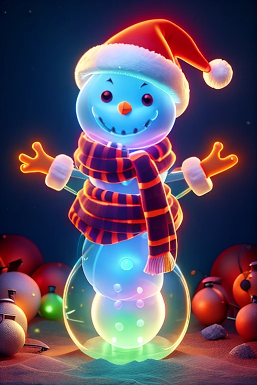 ((1 transparent glowing snowman wearing a Santa hat)),Colorful transparent luminous plastic,Christmas decorations,Product design,luminous neon lights,Christmas background