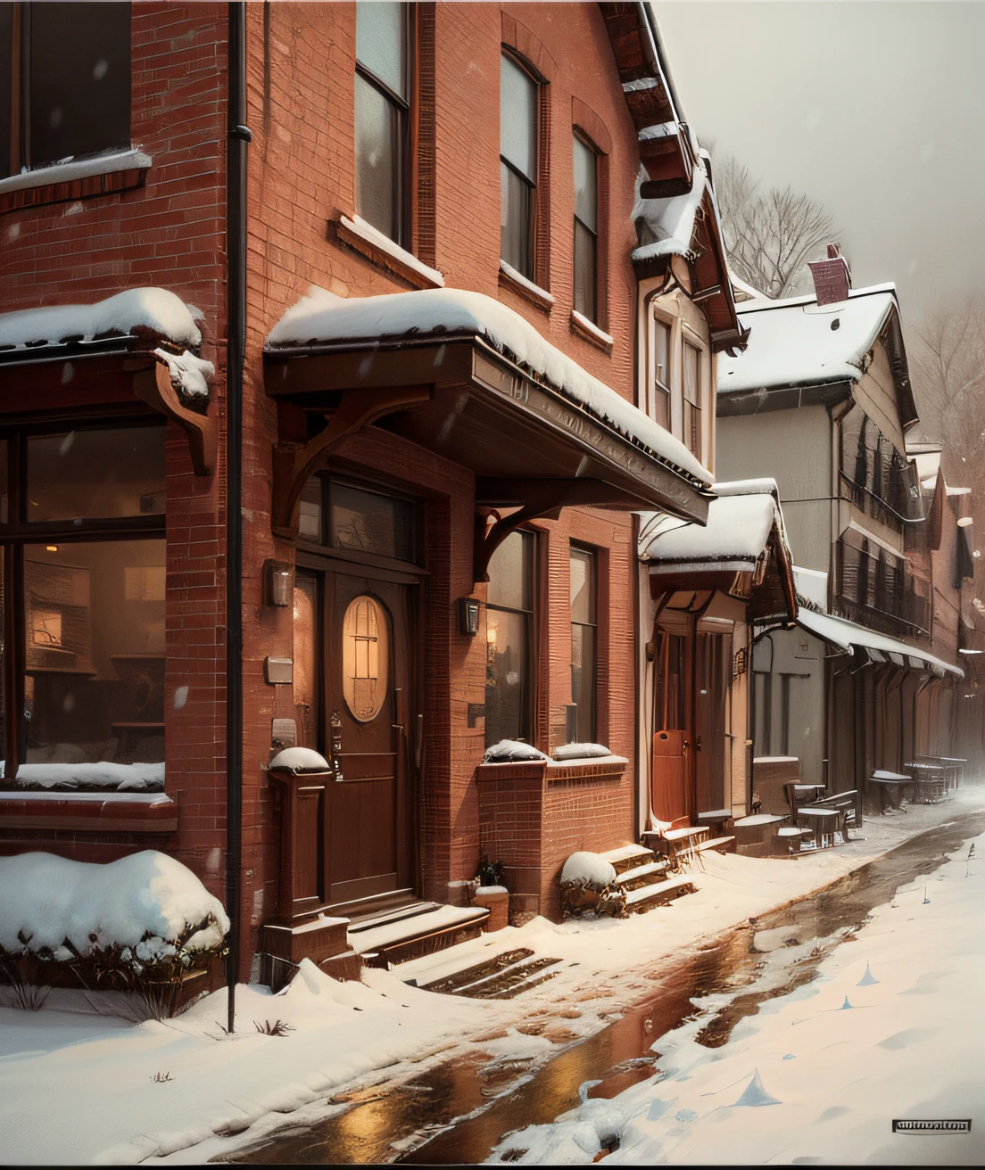 Modern architecture display style comic art digital painting snow on the ground cold and warm tones,comic strip,Animation style