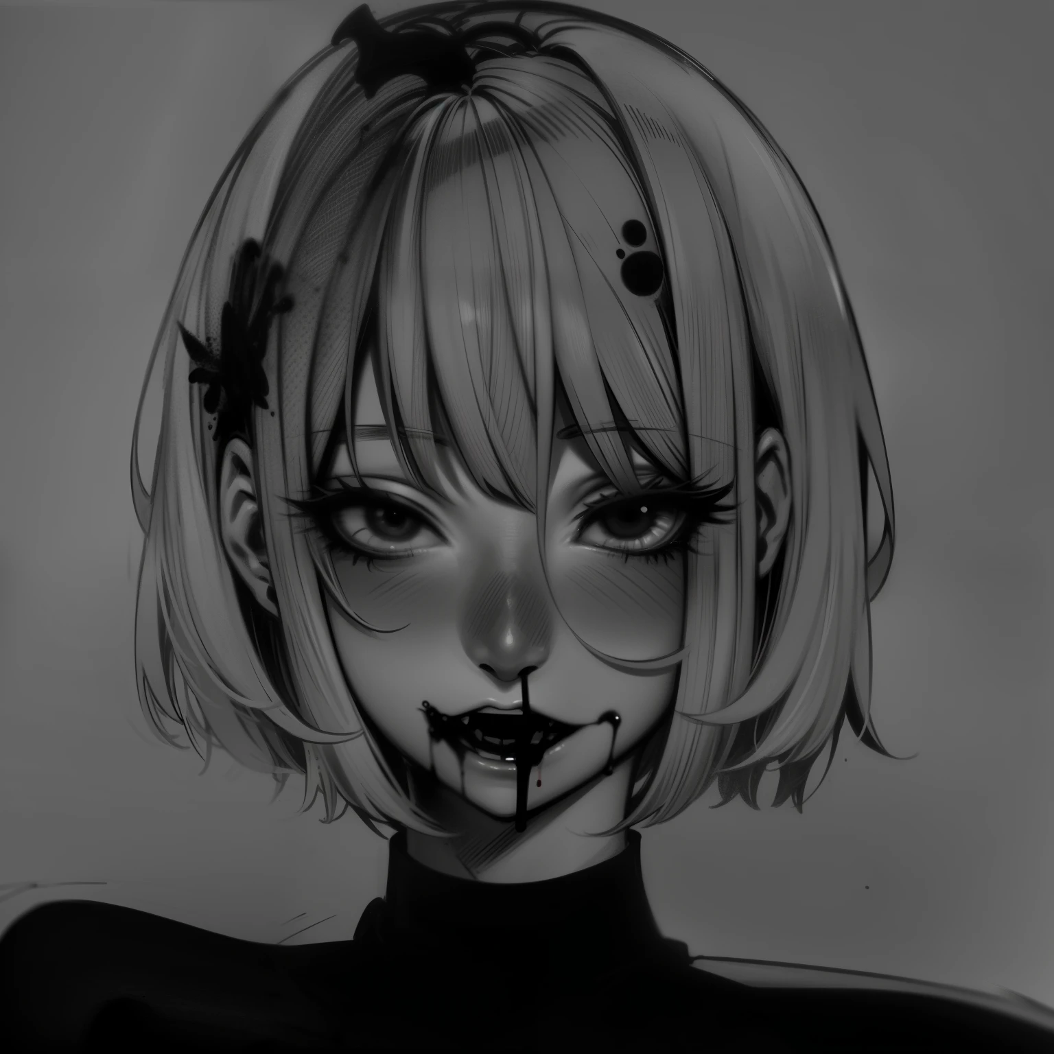 Drawing of a woman with short hair, black drawing, desaturated!!, ( ( Missa Amane # )), strange and grim art style, Gapmoe yandere Grimdark, strange art style, anime feelings, semi-realistic anime style, gloomy face, black and white manga style , manga, pencil and ink, anime shading), Blood dripping from her nose