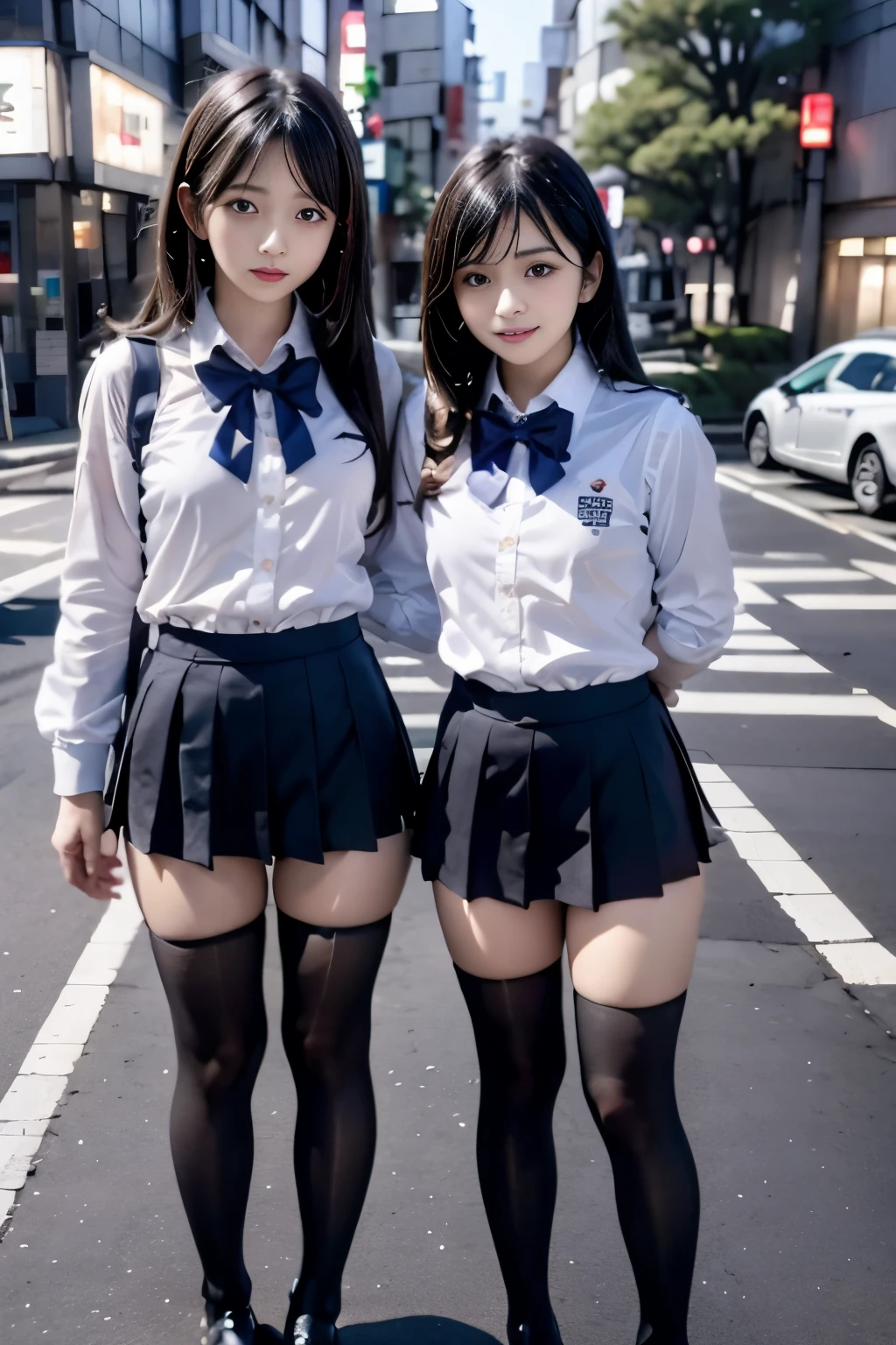 high-angle shot、Center view、Two arafe asian women in short skirts and bow ties standing on neon street in the middle of the night、Phenomenally cute schoolgirl、Japan Girl Uniform、summer clothing、Wearing Japan school uniform、Japan School Uniforms、a hyperrealistic schoolgirl、Dressed as a schoolgirl、a hyperrealistic schoolgirl、Wearing a uniform、Girl in Uniform、Wearing a uniform、Schoolgirl Pose、full body Esbian、Nice skin、glistning skin、lovely thighs、glowing thigh、Sparkling leg rack above knee socks、High School in Japan 、乃木坂アイドル、韓国アイドル、Invite you inside、Inviting eyes