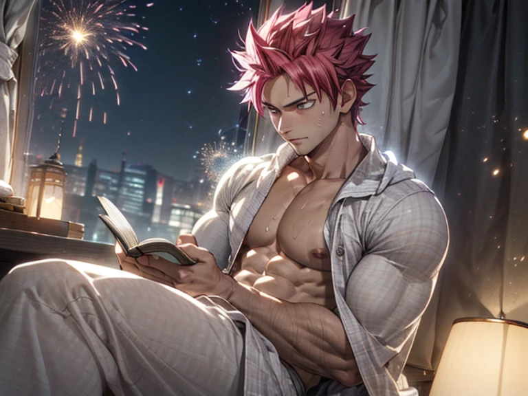 1boy age 25 (muscular,wide shoulders, slim waist) body muscular shoulders, Natsu Dragneel sitting in blanket reading a book on bed, muscular body and shoulders. wearing pyjamas, bedroom scene, lamp light, night time, window shows cityscape, (masterpiece, cg, 3d cg, detailed, blanket:1.2) (handsome face:1.1) ((Natsu Dragneel)) (detailed:1.5) (particle effects:1.5) (calm expression, looking at book), (fresh look:1.1)