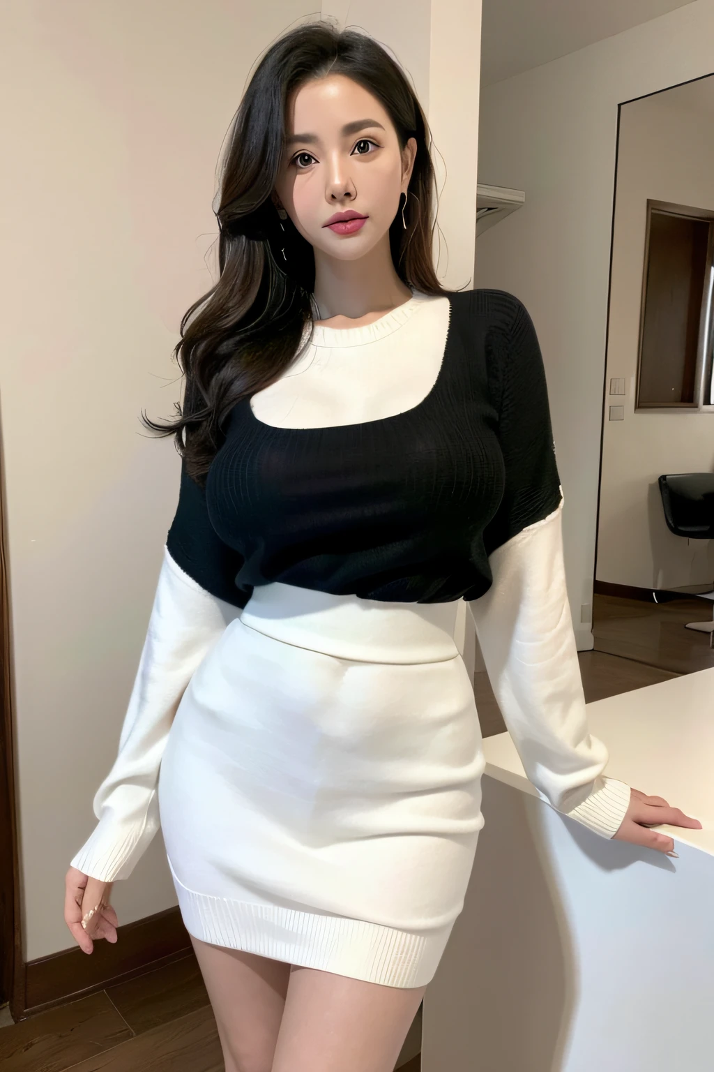 (((masterpiece))),(((high resolution)))、(((perfect face)))、(((beautiful woman)))、(((Korean beauty)))、(cute)、(((turtleneck)))、(((skirt)))、(((tights)))、night、big breasts、embarrassed expression、looking at the camera、NSFW
