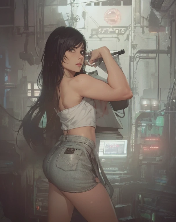 (masterpiece, best quality)), ((((perfect anatomy)))), Indian woman with black ponytail, dark eye-shadow, dark brown eyes, green aviator jacket bending over, (((white fullback panties))), big booty, magenta lipstick, spaceship interior, pulling down pants, changing, (((comic book art style)))