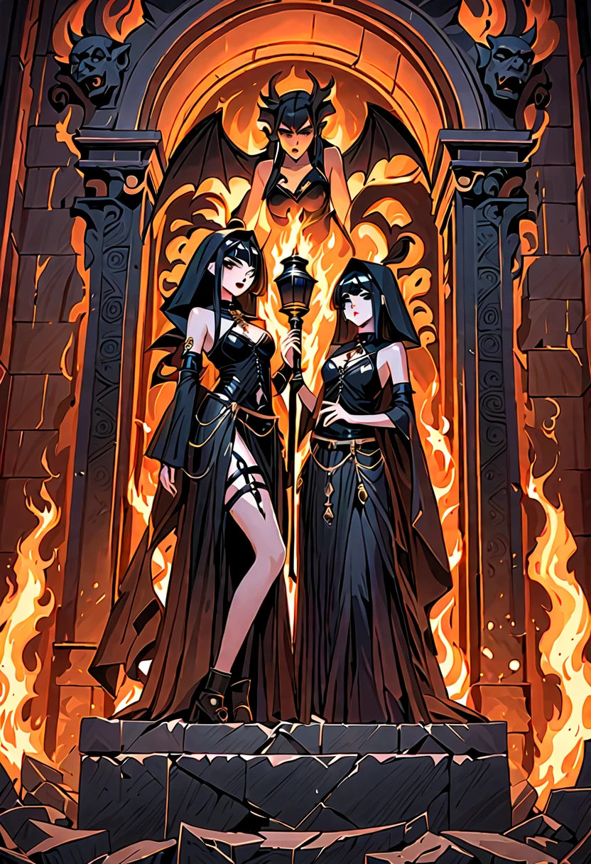 two sexy asian goth girls  love in a mausoleum on top of a demonic ancient cracked stone sarcophagus by the lght of a burning torch in a gargoyle sconce on the wall behind them
