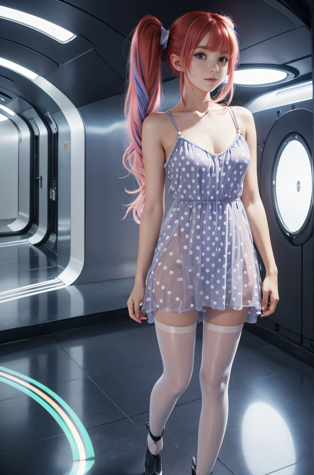 cute redhead with rainbow colored hair tips, ribbons in her hair, 18-year-old woman, happy, in twin tails, perfect symmetrical eyes, clear sparkling blue eyes, pale skin, silky smooth skin, standing on a fancy metal luxurious space ship, futuristic corridor, dark warm lighting, wearing a futuristic (semi-sheer) chemise over tank top and a pleated (chemise) mini dress (pastel colors, and polka dots), wearing full body pantyhose, cute short cut booties.