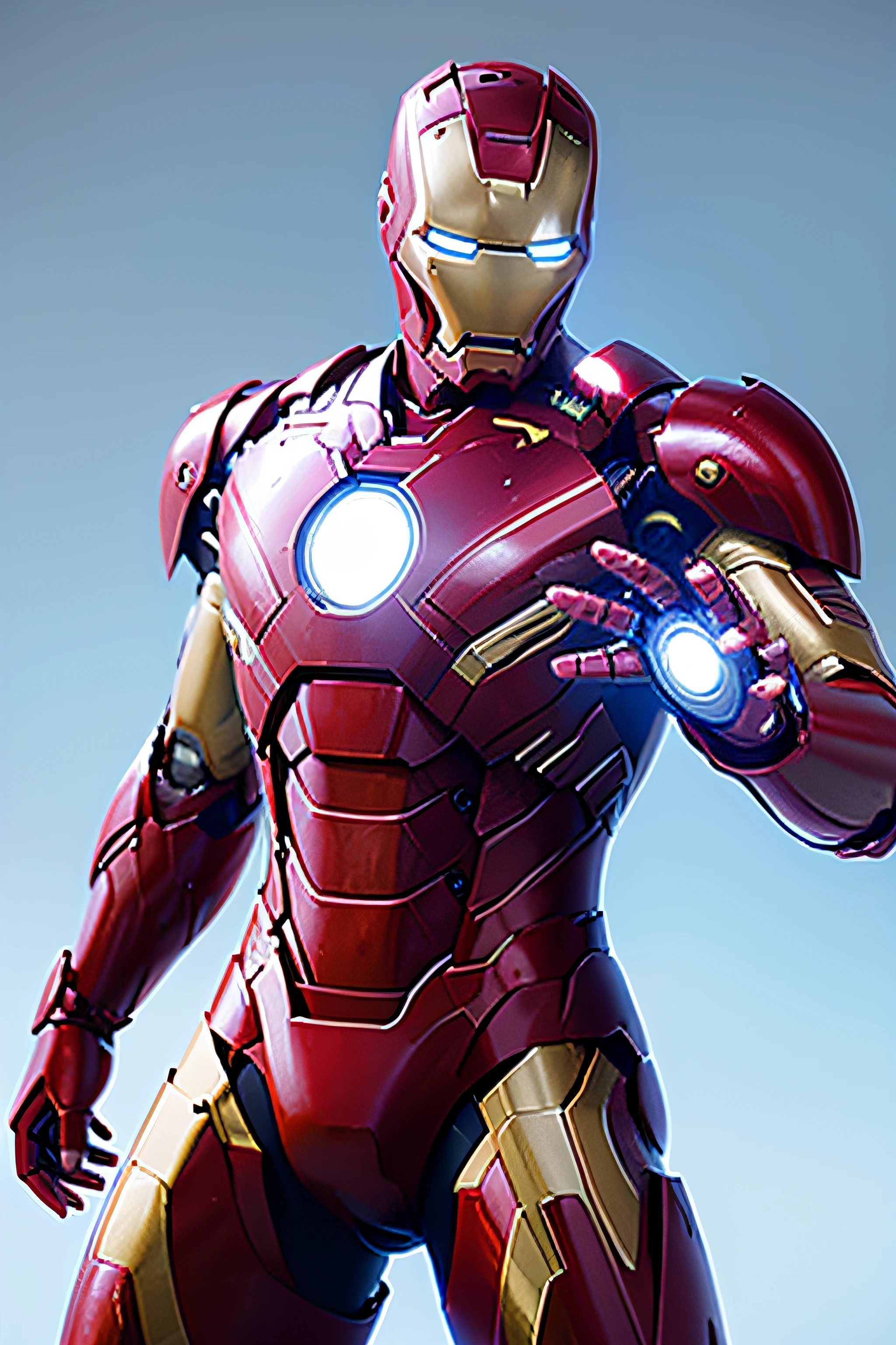 Red Iron Man has many gold and silver patterns on his body, His eyes flashed blue. Modeling in front of white background