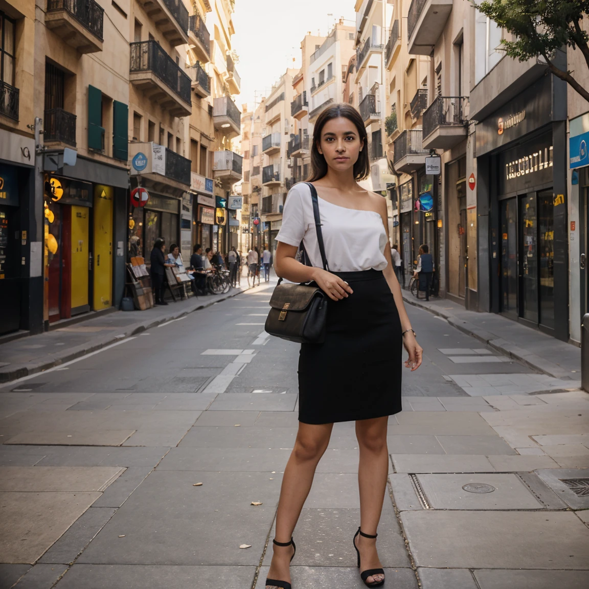 30 years old girl, going to office, laptop bag on one shoulder, corporate attire, big Street, in Barcelona, on Street, sunny day, portrait mode, wide shot, full length shot
