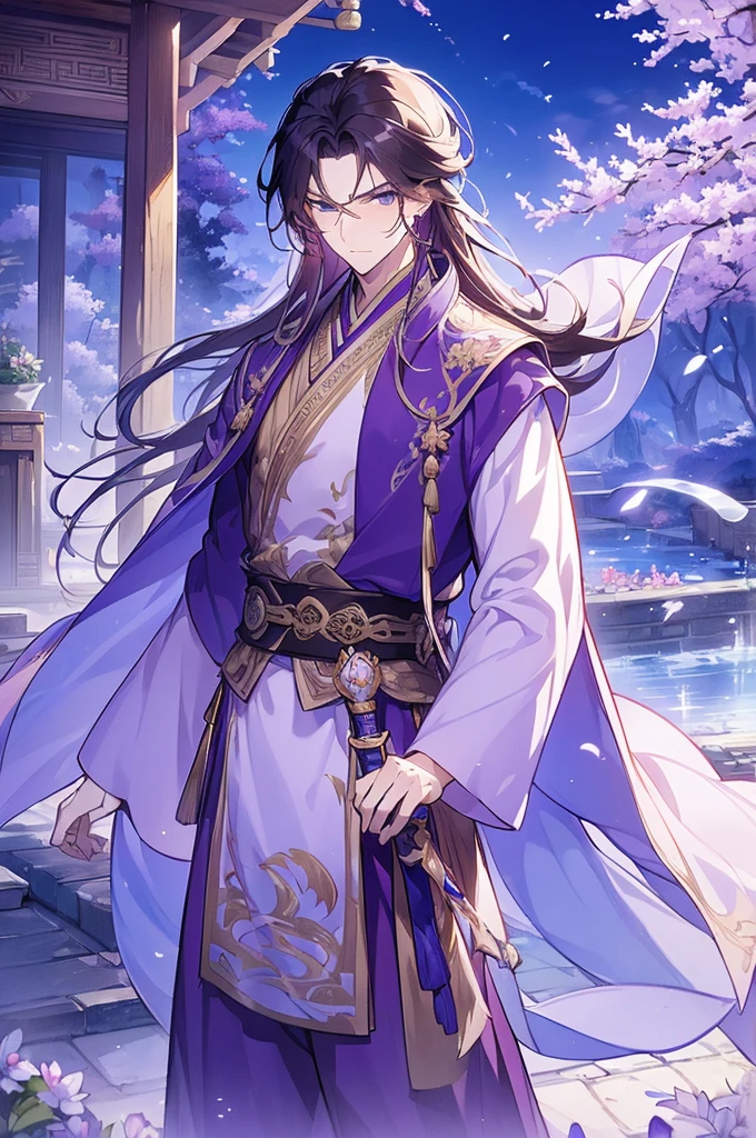 (Best quality at best,A high resolution,The image  clear:1.2),Ultra detailed backgrounds,Beautiful man standing holding sword，this it，wind blowing through，Chinese-style clothes,Purple clothes，Garden scene,under moonlight,waterfall man，Romantic atmosphere,Dutch Angle Shot,gentlesoftlighting,portrait of upper body，