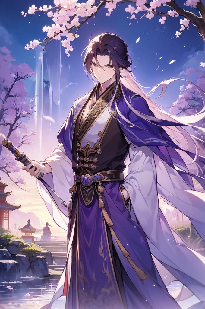 (Best quality at best,A high resolution,The image  clear:1.2),Ultra detailed backgrounds,Beautiful man standing holding sword，this it，wind blowing through，Chinese-style clothes,Purple clothes，Garden scene,under moonlight,waterfall man，Romantic atmosphere,Dutch Angle Shot,gentlesoftlighting,portrait of upper body，