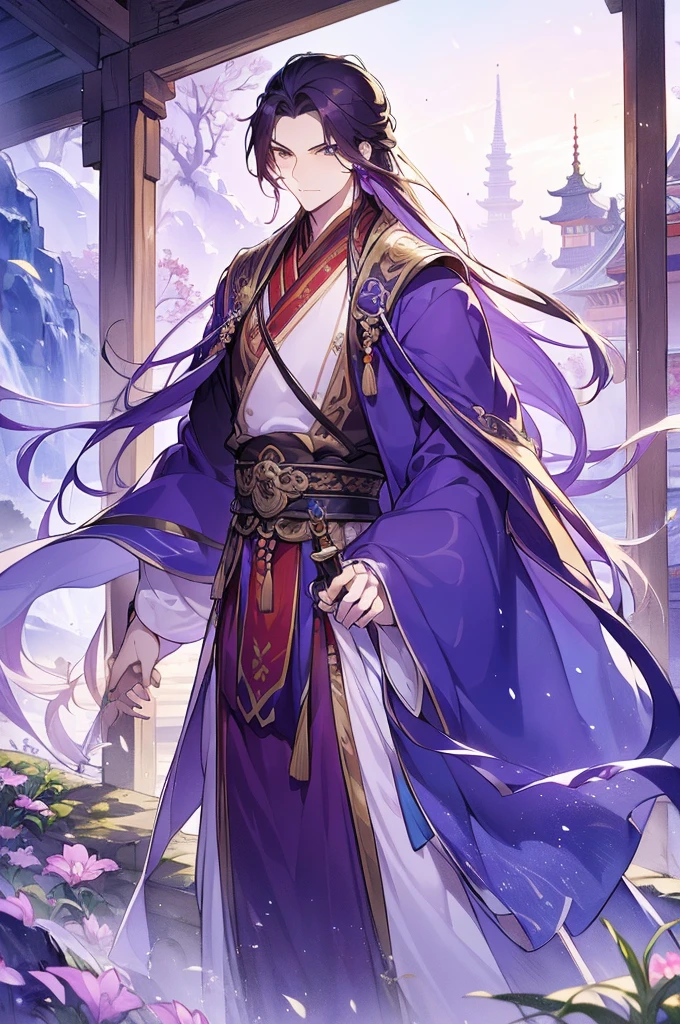 (Best quality at best,A high resolution,The image  clear:1.2),Ultra detailed backgrounds,Beautiful man standing holding sword，this it，wind blowing through，Chinese-style clothes,Purple clothes，Garden scene,under moonlight,waterfall man，Romantic atmosphere,Dutch Angle Shot,gentlesoftlighting,portrait of upper body，