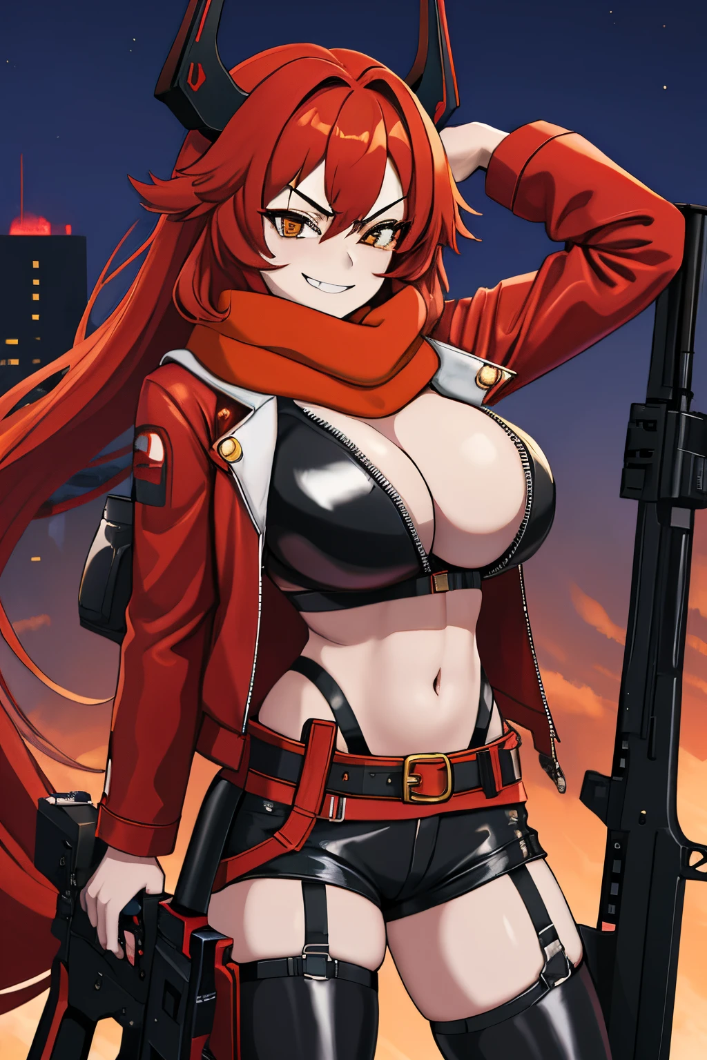 masterpiece, best quality, 1girl, solo, standing, nikkeredhood, horns, cleavage, scarf, navel, midriff, red crop jacket, belt, black pants, thigh strap, smirk, looking at viewer, huge weapon, sniper rifle, bullpup, in city, night