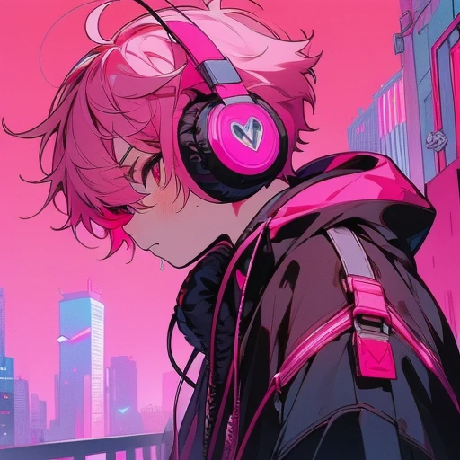 (short-cut), (Two-block hair), (vivid pink hair), (male character), (red eyes), (Cool pose), (of the highest quality), (masterpiece), (ultra-detailliert), (Oversized hoodies), (headphones), (Street), (Neon Street), (Camera from a down angle), (Modern City), (Neon Daylight), (Cinematic), (Stylish), (hight resolution), (Hyper Detailed), (Looking at the camera), (Anime-style), (Softtown), (nightcore), Young men。cute handsome man。Listening to music。natural facial features on buildings。