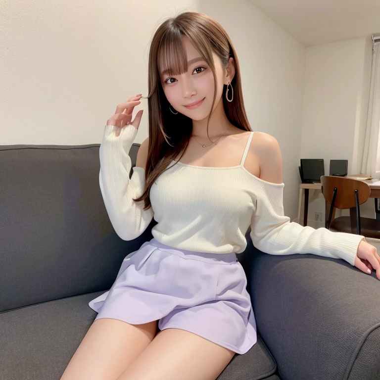 White knit miniskirt, sofa, living room, smile, brown hair, shoulder-length hair, white wall background, very white skin, thighs, purple lace panties