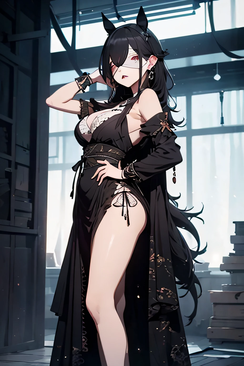 ((Marl、Horse ear headband、fake horse ears)）、（lightly dressed、cleavage of the breast、fully body photo、Beautiful legs)、（Dark、Blind Mask、blindfolds、Atrocious、deadpan、Death row inmates、Large piercings、Large earrings、Standing）、1girl in、​master piece、japanaese girl、absurderes、hight resolution、ultra-detailliert、depth of fields、​masterpiece、extremely details CG、3D Photography、3D background、Unity、8K、Hi-Res、top-quality、shadowy、foco nítido、pale-skinned、A detailed eye、blurry backround、dynamic ungle、The most amazing super feat exaggeration、a closed mouth、superclear