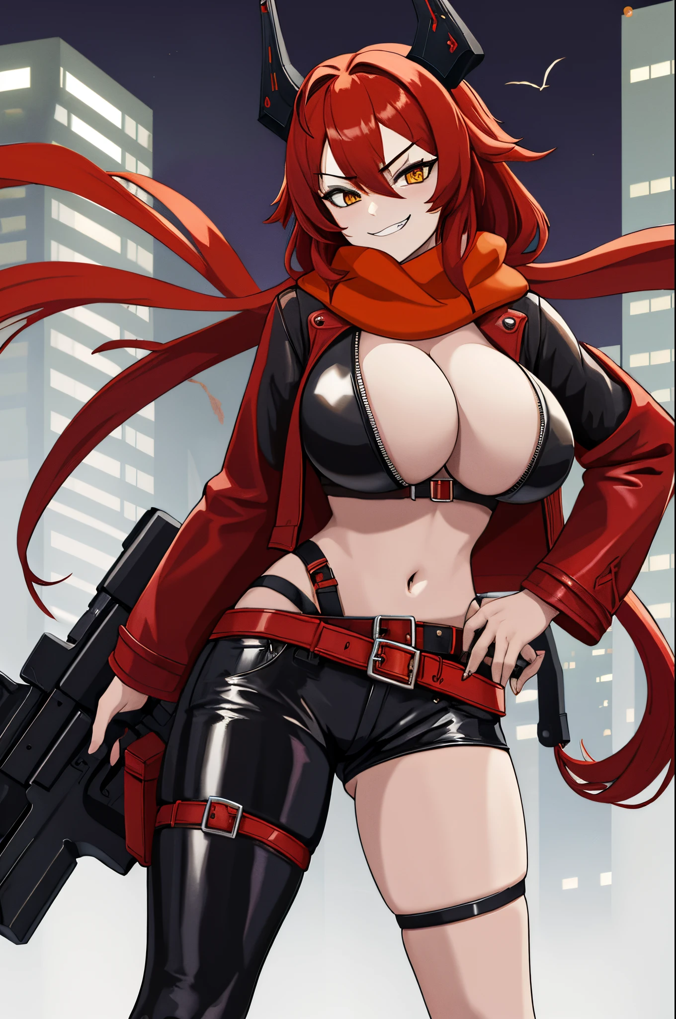 masterpiece, best quality, 1girl, solo, standing, nikkeredhood, horns, cleavage, scarf, navel, midriff, red crop jacket, belt, black pants, thigh strap, smirk, looking at viewer, huge weapon, sniper rifle, bullpup, in city, night