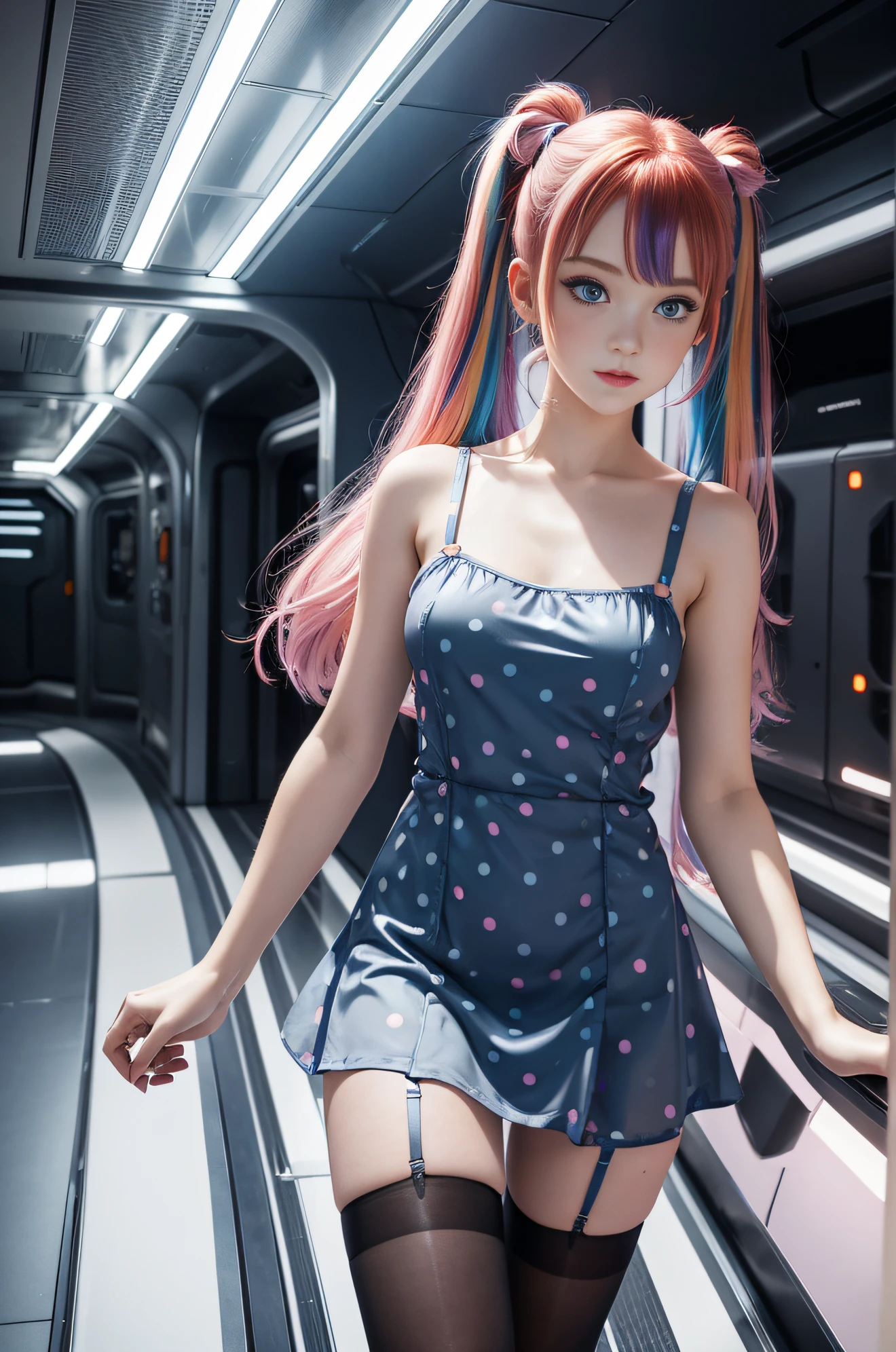 cute redhead with rainbow colored hair tips, ribbons in her hair, 18-year-old woman, happy, in twin tails, perfect symmetrical eyes, clear sparkling blue eyes, pale skin, silky smooth skin, standing on a fancy metal luxurious space ship, futuristic corridor, dark warm lighting, wearing a futuristic chemise over tank top and a pleated (chemise) mini dress (pastel colors, and polka dots), wearing full body pantyhose, cute short cut booties.