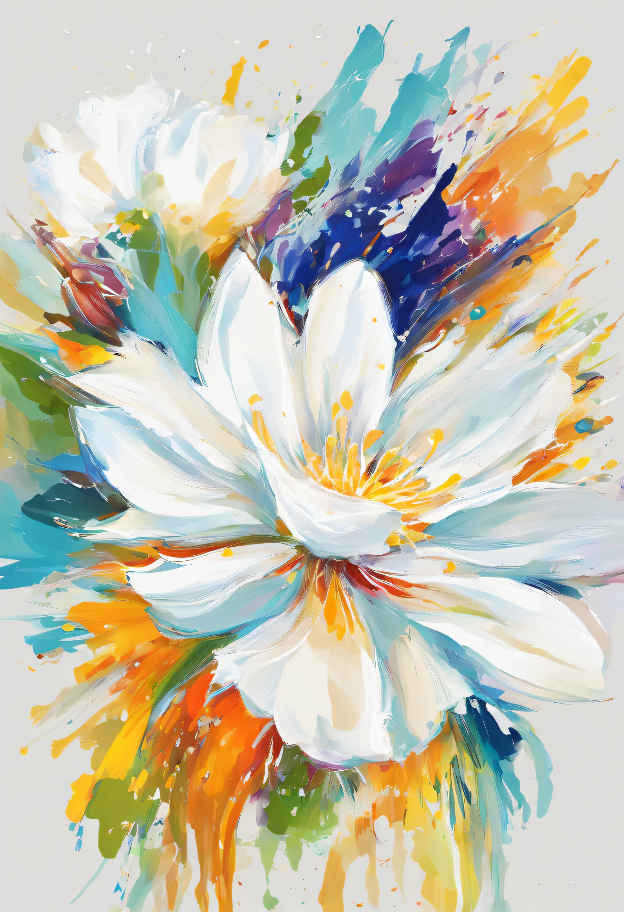 Draw an abstract painting of a single flower.,white clematis flowers、use acrylic paint、Abstract artist known for his unique use of acrylic pouring, real brush strokes,aesthetic composition,Minimal style, Powerful and dynamic stroke、Shape that suggests discovery、White clematis symbolizes purity and mystery.、Expressing unexpected developments and feelings of surprise、The main color of the work is sky blue.、bright and vivid tones.、Add moist compacted sand、Enhances the texture and tactile elements of your artwork, While staring at this image, oot、Interaction of color and texture、Immerse yourself in the mysterious atmosphere、guided by surprise、Flowers radiate bursting energy、tome'Feels like opening a surprise box、like a cracker